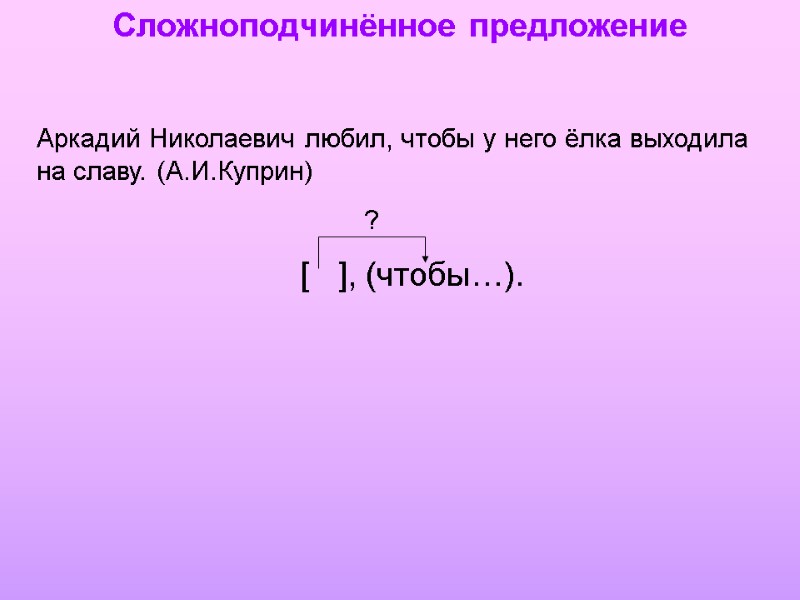 Сложноподчинённое предложение Аркадий Николаевич любил, чтобы у него ёлка выходила на славу. (А.И.Куприн) [